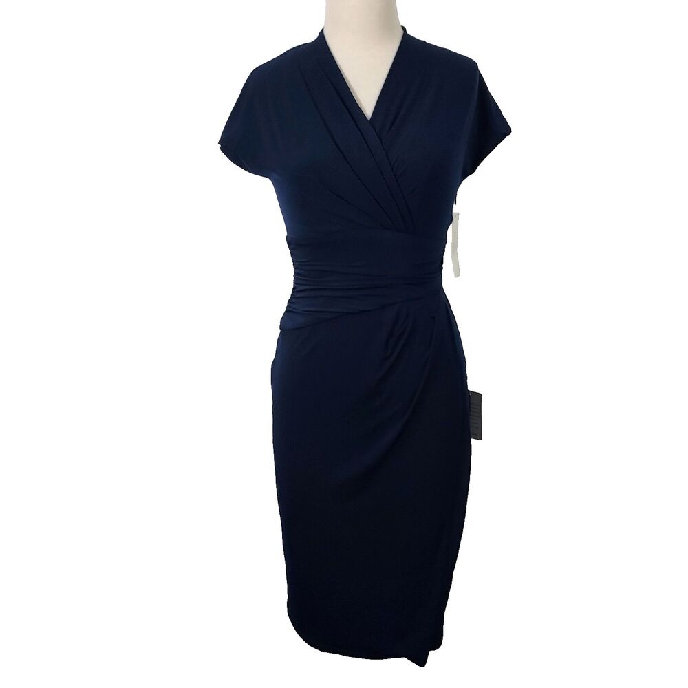 Ivy & Blu Maggy Boutique V-Neck Navy Blue Faux Wrap Dress Size 4 Flowy New
